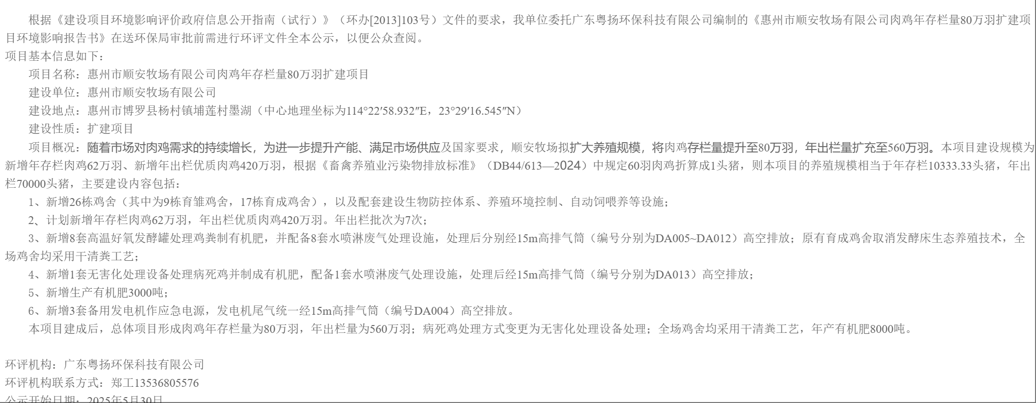 《惠州市順安牧場有限公司肉雞年存欄量80萬羽擴建項目環境影響報告書》審批前公示